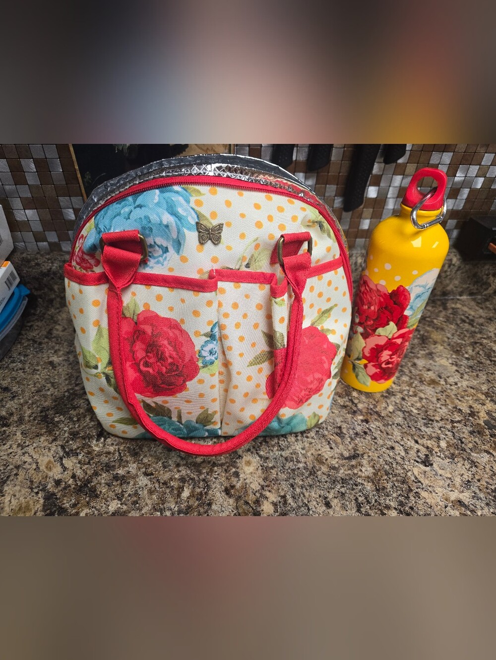 Floral Insulated Lunch Tote with Red Trim